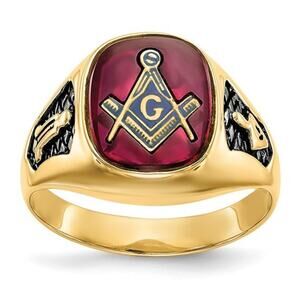 14k Gold Men's  Lab Created Ruby Masonic Ring